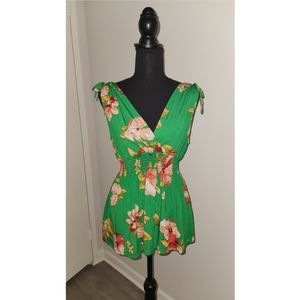 Anna Morgan Collection Sleeveless Green Floral Gold+Pink  V-Neck Blouse